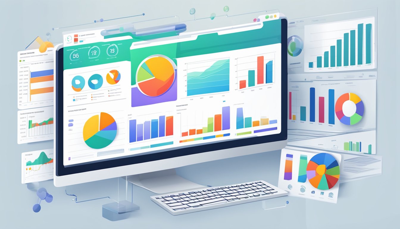 A computer screen displays multiple search result pages.</p><p>Graphs and charts analyze data.</p><p>Extension icons are visible