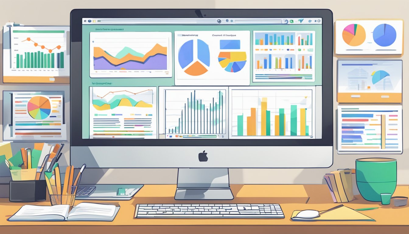 A computer screen displaying SERPTrends 9 with browser windows open, surrounded by SEO tools and analysis charts