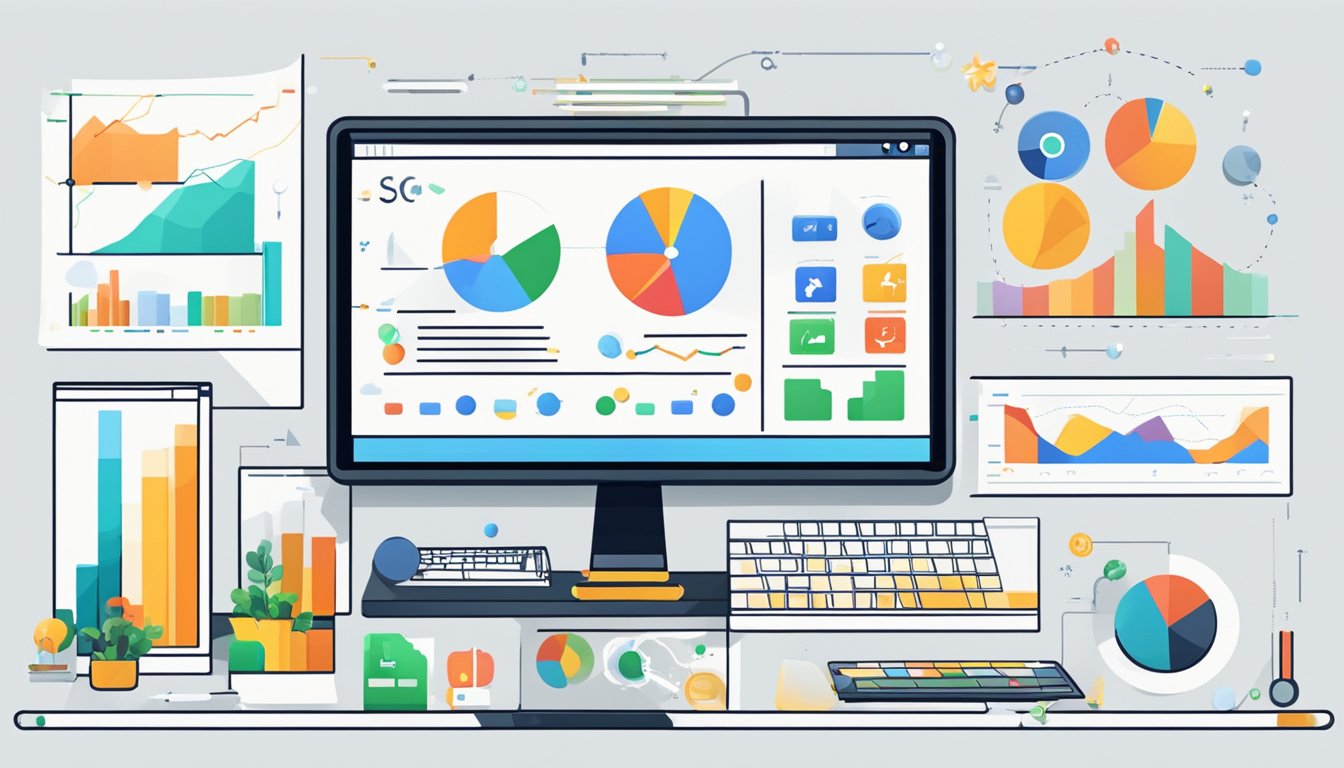 A computer screen displaying various browser-based SEO tools for on-page analysis.</p><p>Charts, graphs, and data visualizations illustrate key features