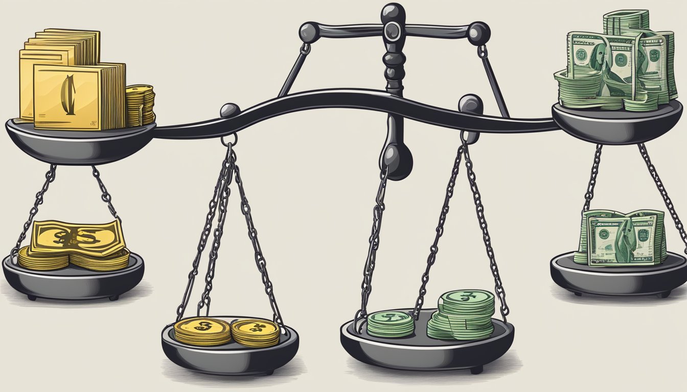 A scale weighing money and benefits, surrounded by seven different SEO options