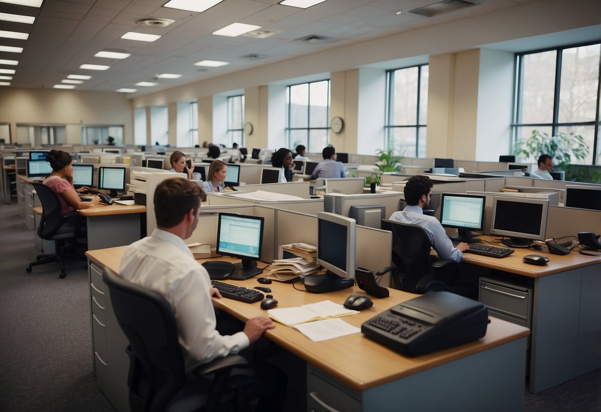 A bustling government office with people working at desks, filing cabinets, and computers. The room is filled with the sound of ringing telephones and the hum of conversation