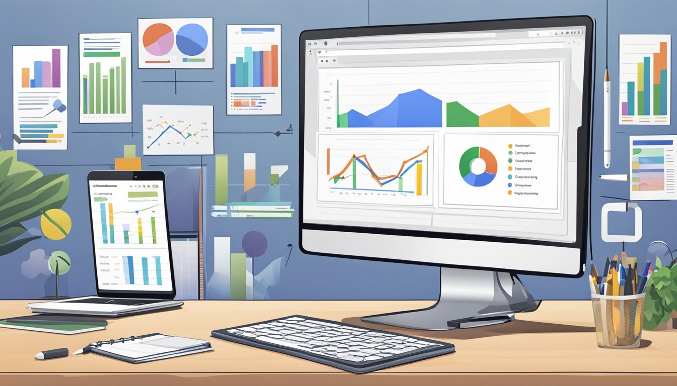 A computer screen displays Google Keyword Planner with various data charts and graphs.</p><p>A notebook and pen sit nearby, ready for note-taking