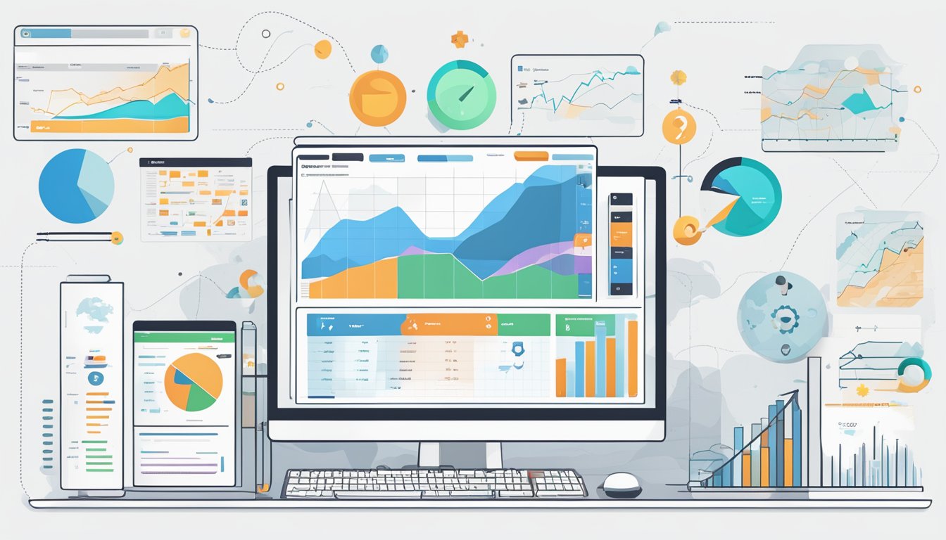 A computer screen displaying the SEMrush Keyword Magic Tool with 8 keyword insights highlighted.</p><p>Graphs and data visualizations surround the tool, emphasizing its power and utility