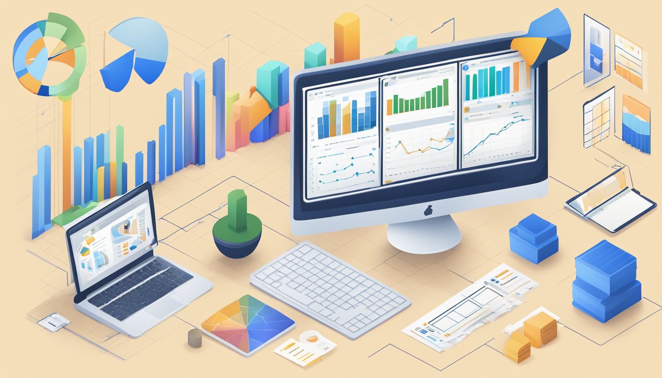 A computer screen displaying Ahrefs Keywords Explorer with 10 feature icons and search bar, surrounded by charts and graphs