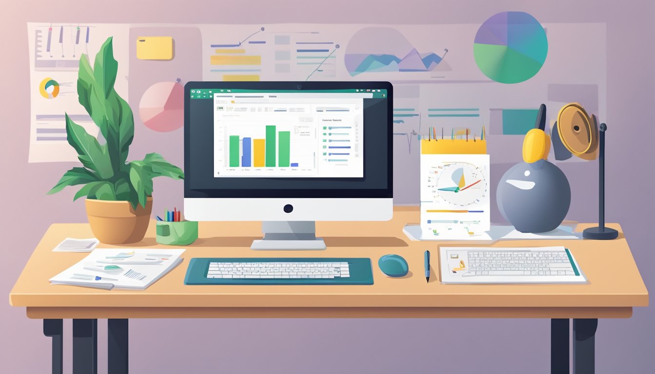 A desk with a computer displaying Google Keyword Planner.</p><p>A notepad with keyword trends and a pen.</p><p>Charts and graphs on the wall