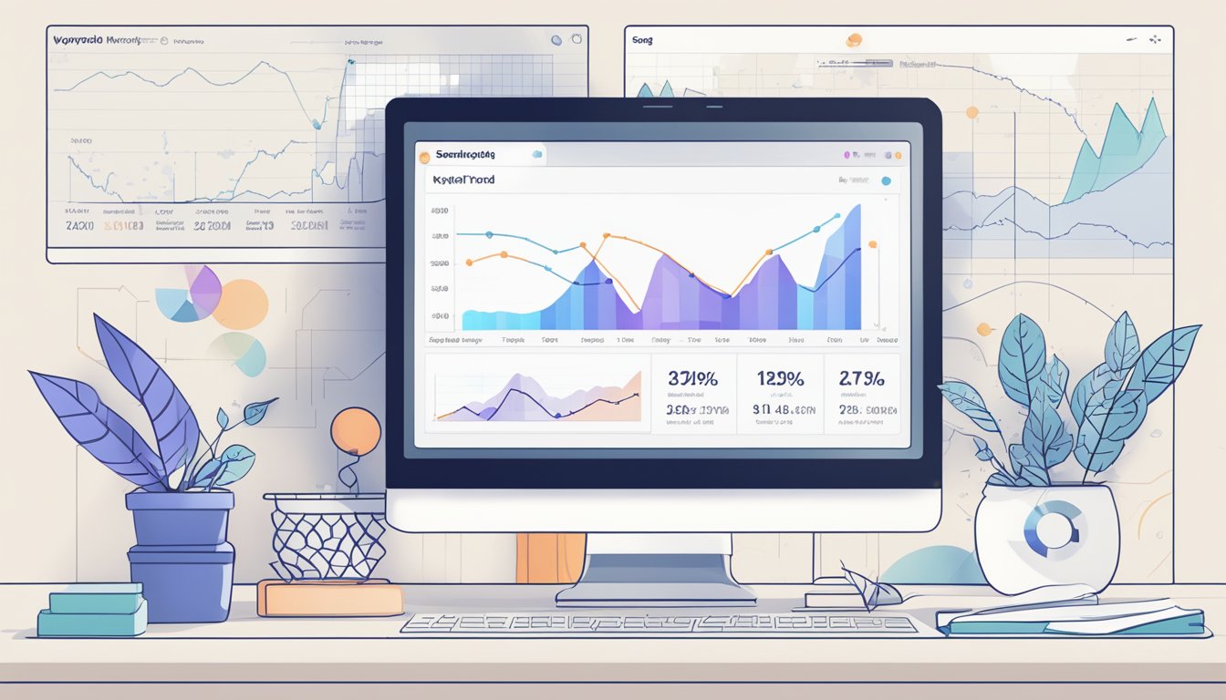 The scene depicts a computer screen showing SEMrush Keyword Magic Tool with seasonal keyword trends.</p><p>Graphs and data are displayed, indicating powerful insights for analysis