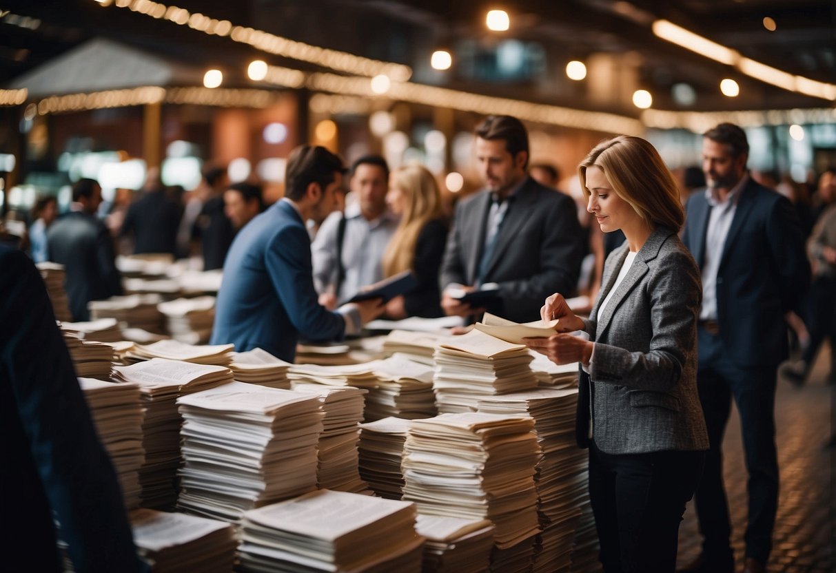 A bustling marketplace with legal documents and contracts being exchanged, symbolizing the upheaval in the economy and the impact on public markets