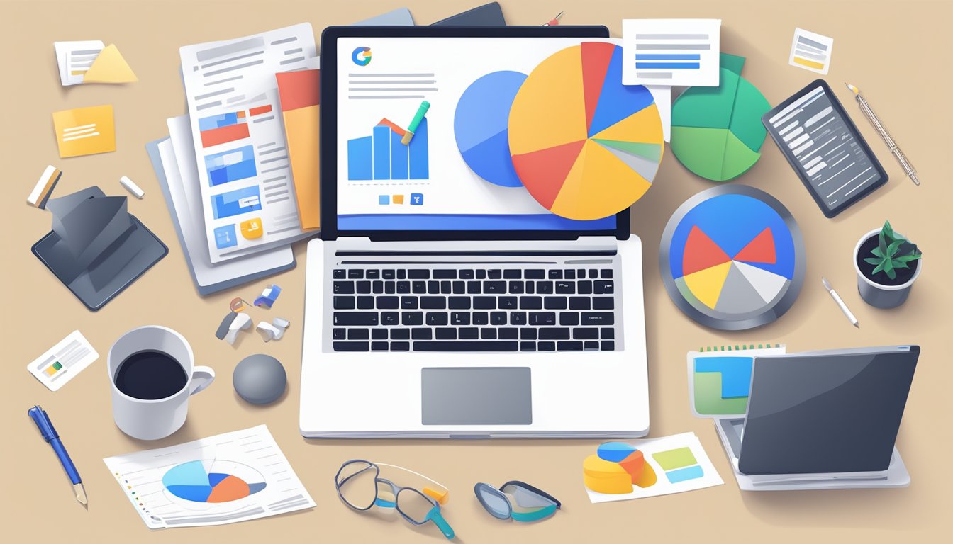 A laptop displaying Google Ads interface with keyword planner tool.</p><p>Charts and graphs showing data analysis.</p><p>Keywords and ad copy notes scattered around