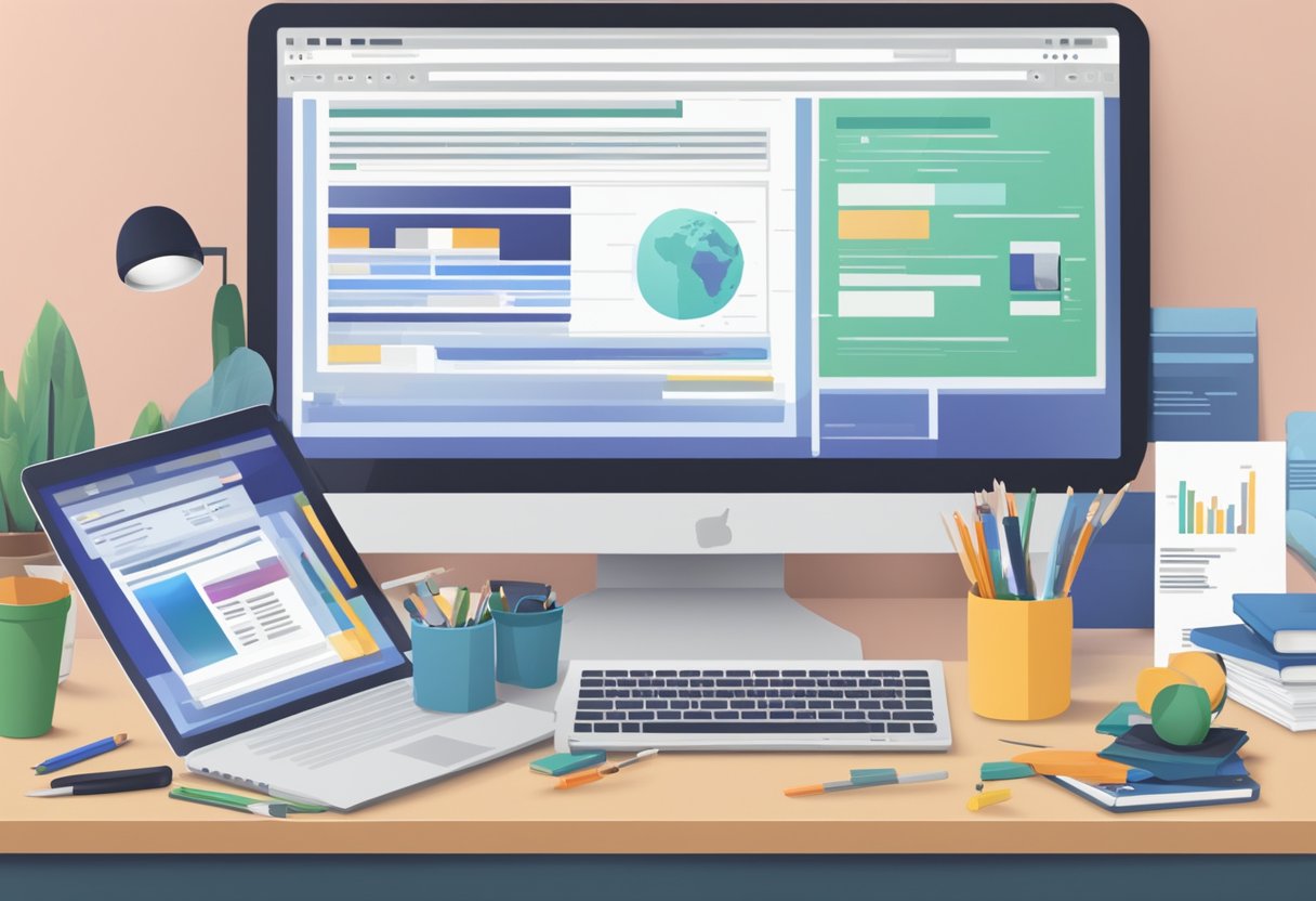 A computer displaying a website design with HTML and CSS code, surrounded by design tools and reference materials