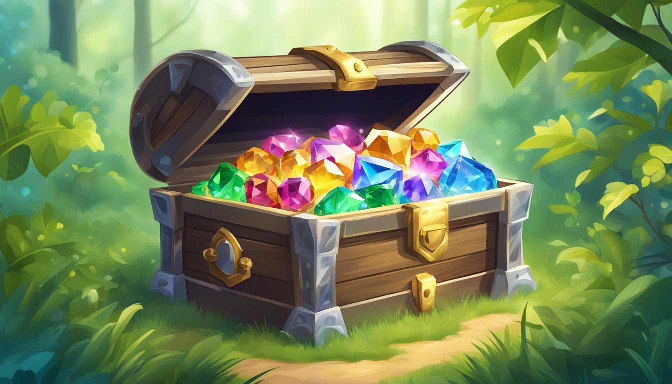 A treasure chest filled with sparkling gems, surrounded by a lush green forest and a clear blue sky