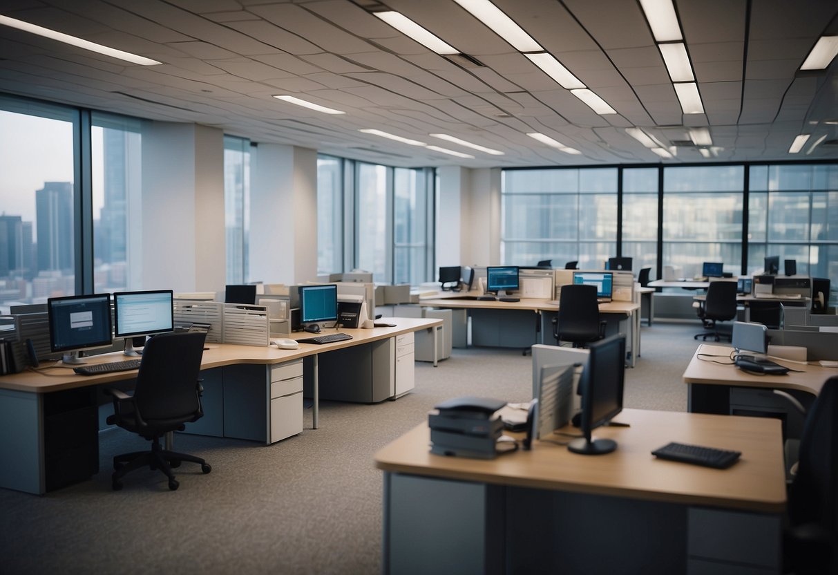 A bustling government office with sleek, modern design. Documents and technology scattered across desks, symbolizing the reform and modernization of public administration