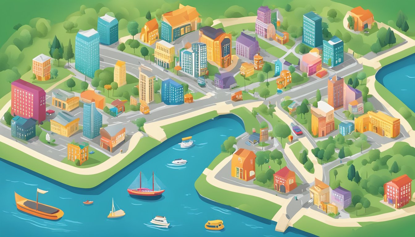 A vibrant city map with 12 highlighted locations, surrounded by icons representing local businesses and landmarks