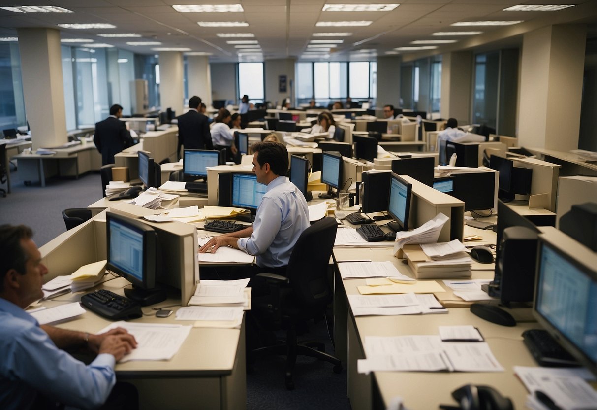 A bustling government office with people working on computers, papers scattered on desks. Signs on the walls read "RGPP" and "Modernisation de l'administration."