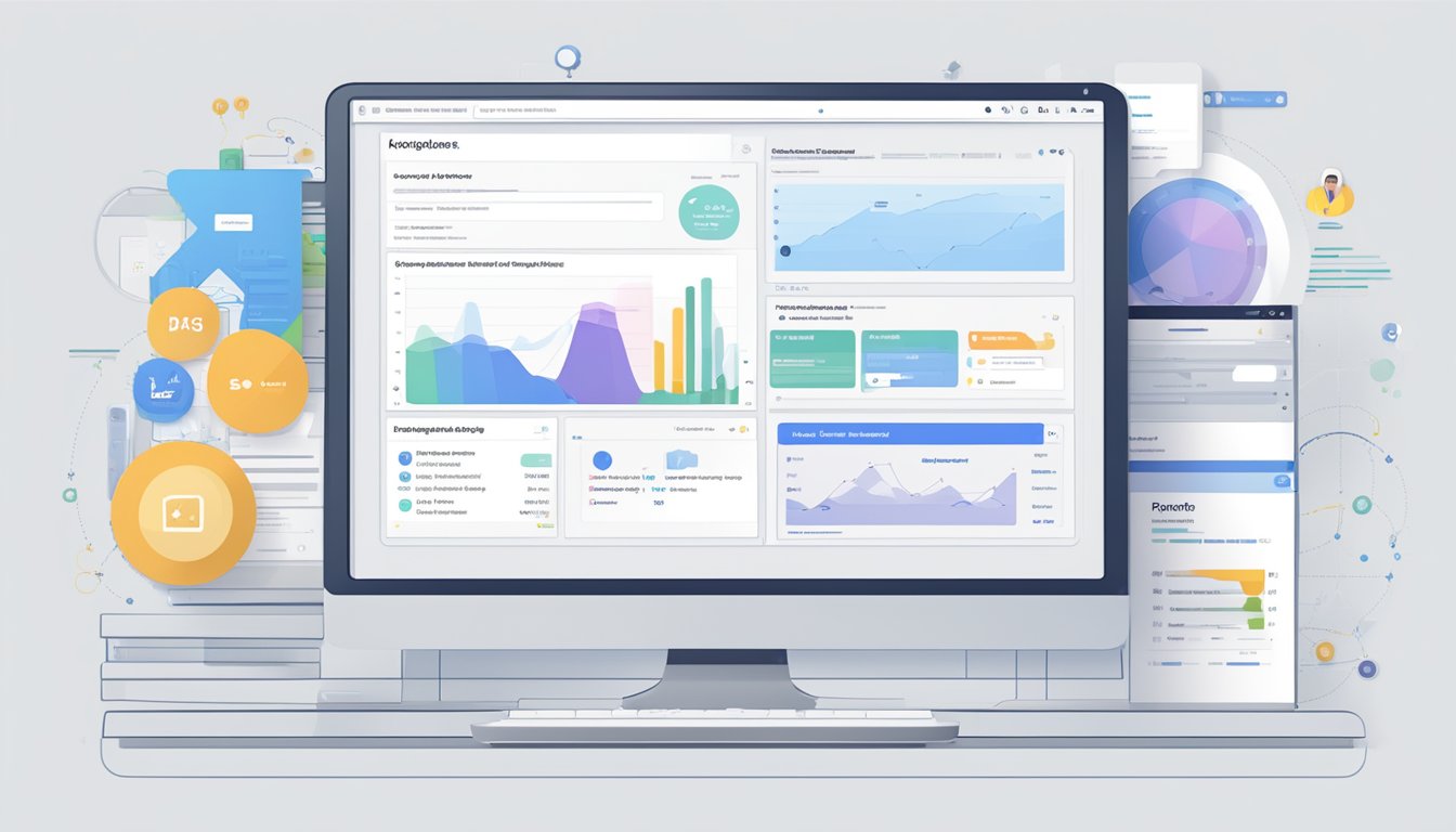 A computer screen displaying Moz Keyword Explorer with various SERP features, such as snippets, images, and knowledge graphs, surrounding the search results