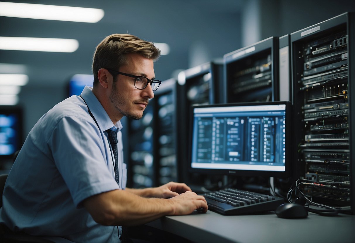 A computer technician tests infrastructure and IT environments for functionality and suitability