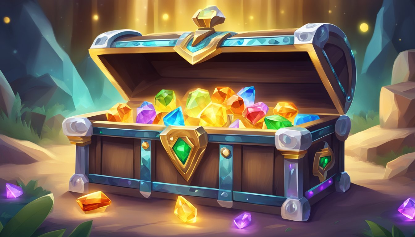 A glowing treasure chest surrounded by 12 sparkling gemstones, each representing a unique feature of KWFinder's SERPWatcher 12