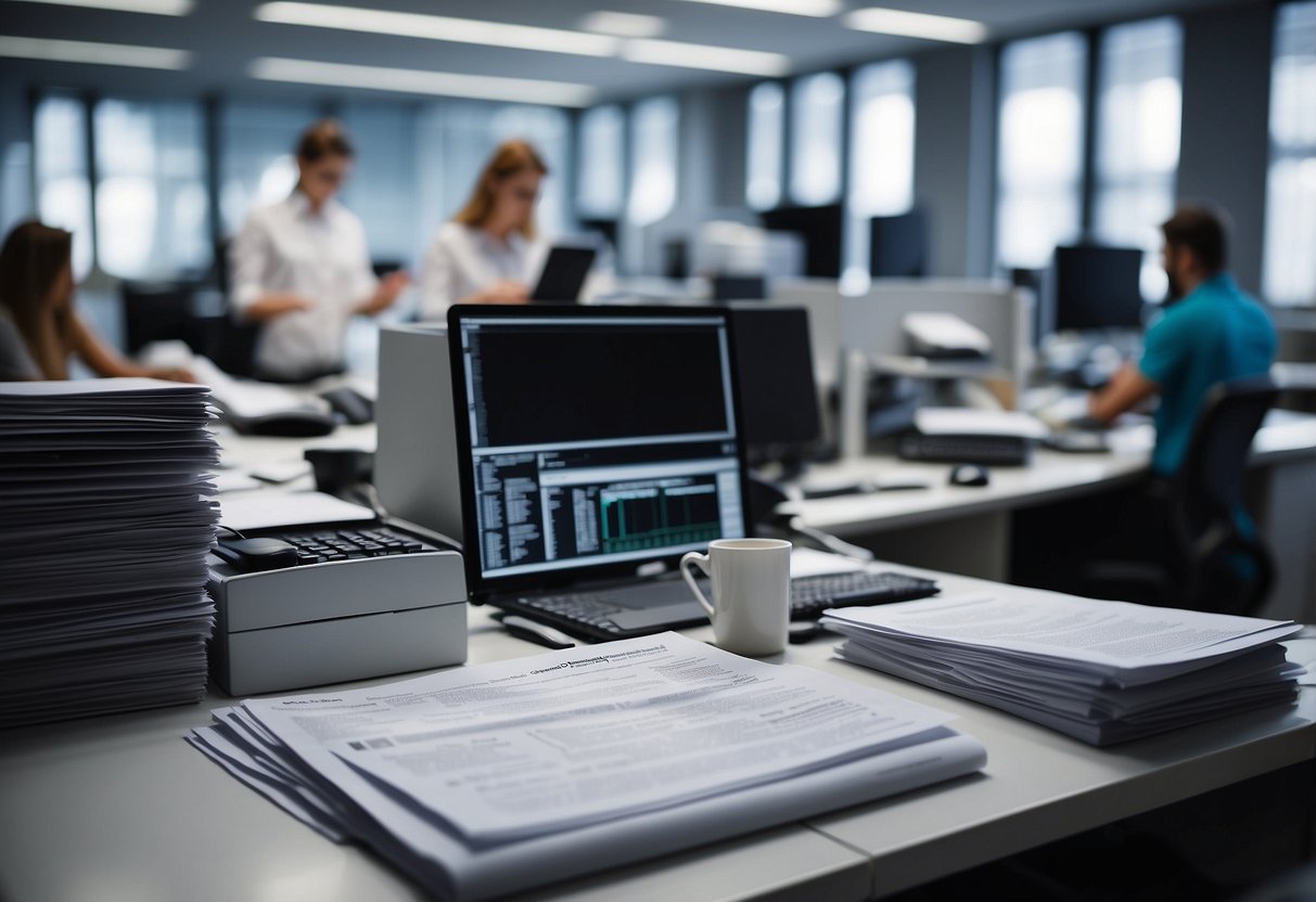 A busy office scene with papers, contracts, and technical equipment for verification processes