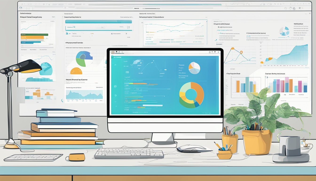 A computer screen displaying Moz Keyword Explorer with various tools and features highlighted.</p><p>Graphs and charts show keyword data.</p><p>Mouse pointer hovers over a feature