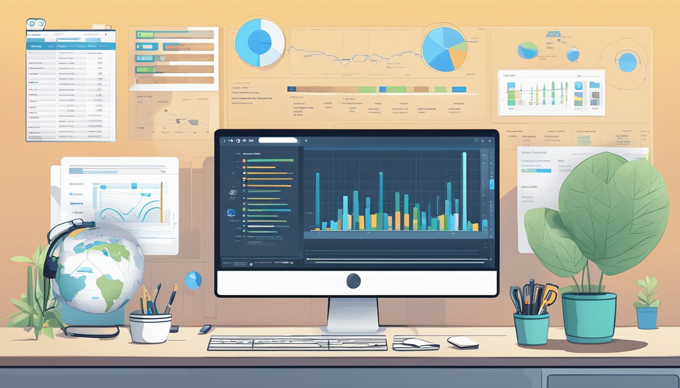 A computer monitor displaying Moz Keyword Explorer interface with 9 highlighted tips.</p><p>Keyword research tools and data charts visible in the background