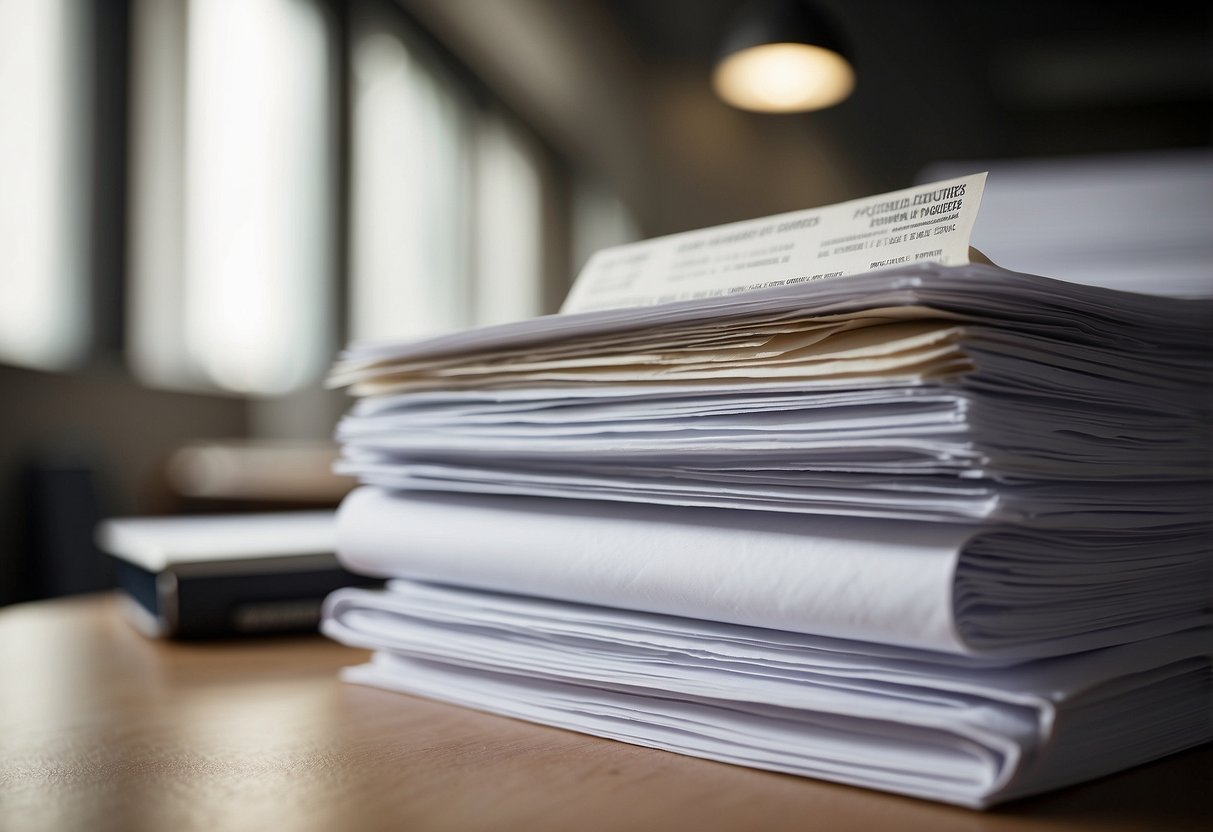 A stack of legal documents with French text, including "Procédures de passation et exécution R2194-7 marchés publics" and "Code de la commande publique," sits on a desk