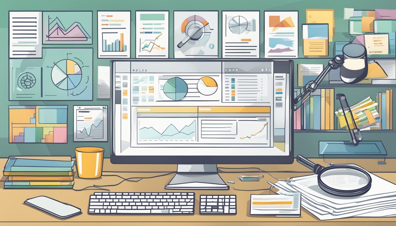 A desk with a computer, notebook, and charts.</p><p>Keywords and data are organized and analyzed.</p><p>A magnifying glass hovers over the charts, symbolizing in-depth research and benchmarking