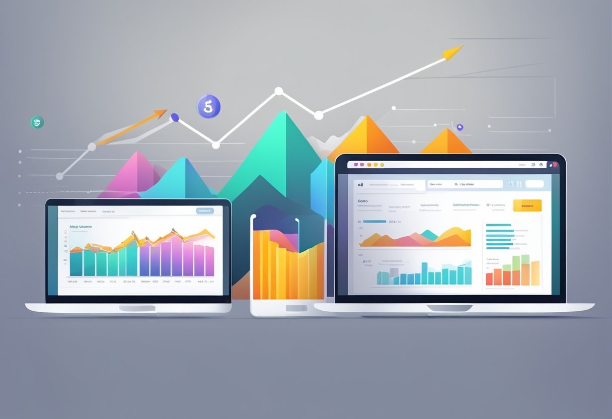 A computer screen displaying a sleek, modern website with e-commerce features. Graphs and charts show business growth