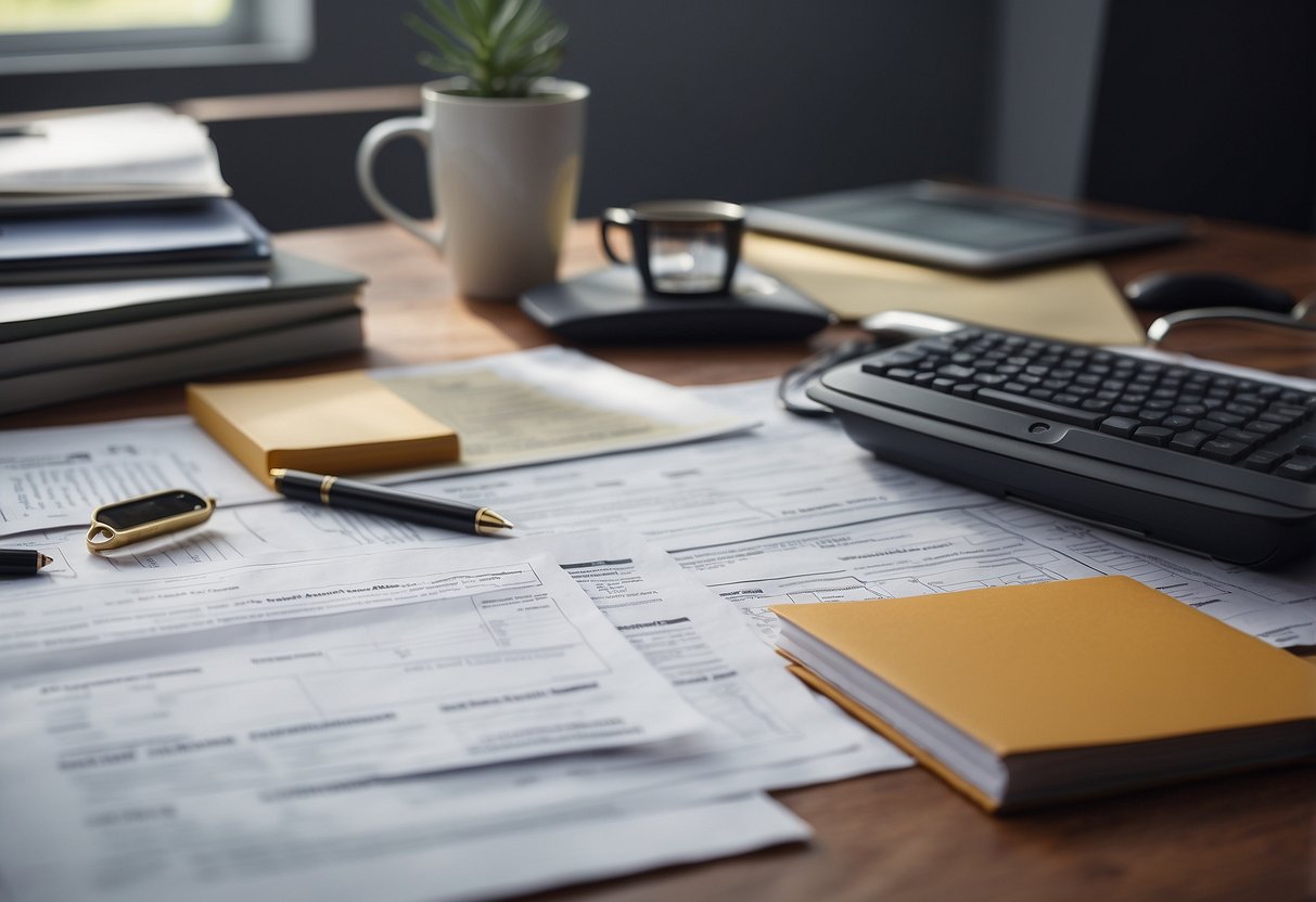 A desk with documents, construction plans, and environmental assurance papers. No human subjects or body parts