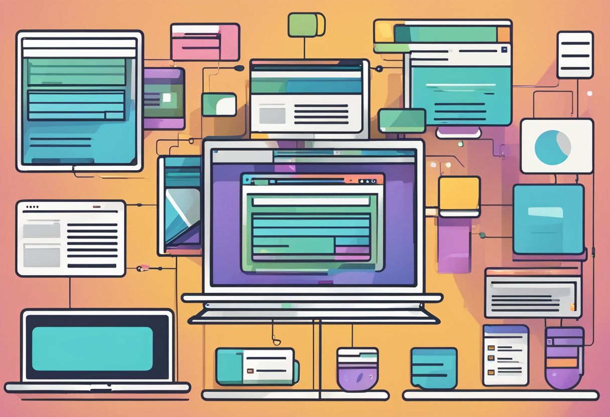 A computer screen split in half, one side showing website design elements, the other showing website development code. Icons representing each process surround the screen