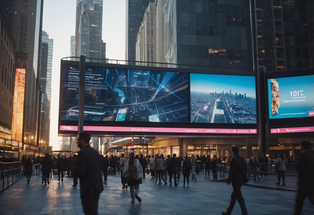 A bustling city street with futuristic digital billboards and people interacting with government services on their mobile devices