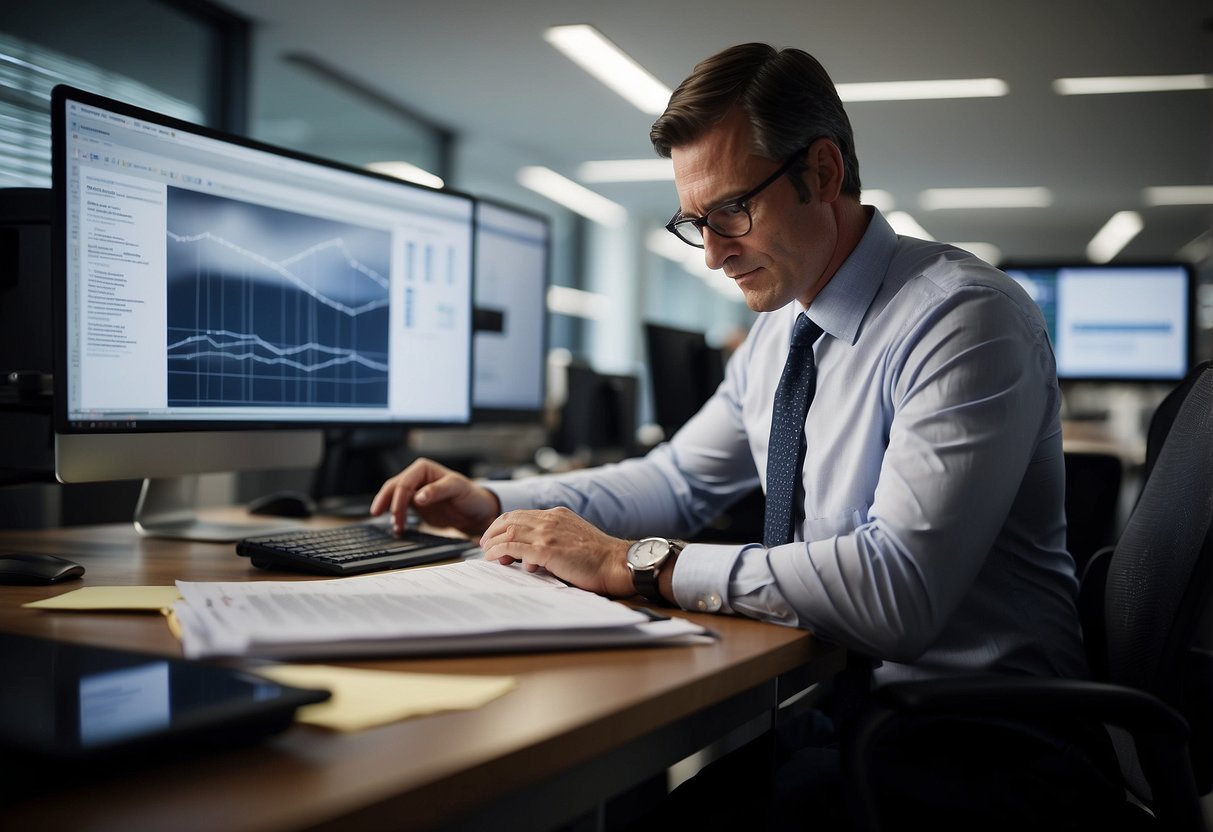 A government procurement officer reviews public procurement documents in a modern office setting with computer, files, and office supplies