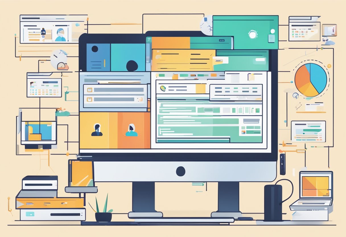 A computer screen split in half, one side showing website design tools and the other showing website development code. Icons and graphics representing each process surround the screen