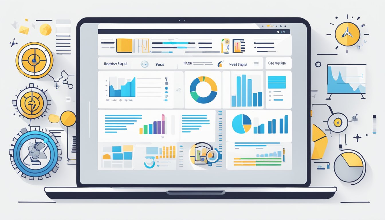 A laptop displaying the RankMath interface with a positive review and five-star rating, surrounded by various SEO tools and charts