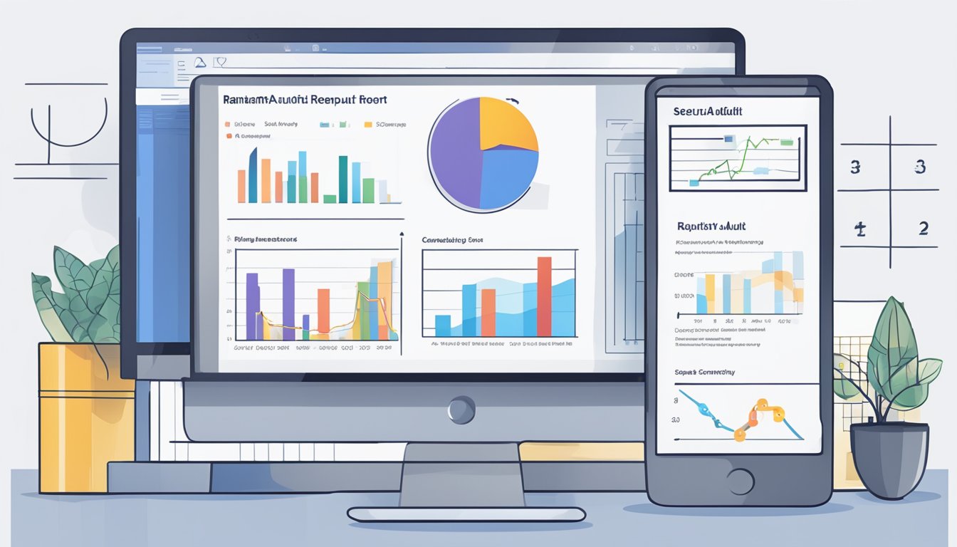 A computer screen displaying a security audit report for RankMath, with a performance graph and security metrics