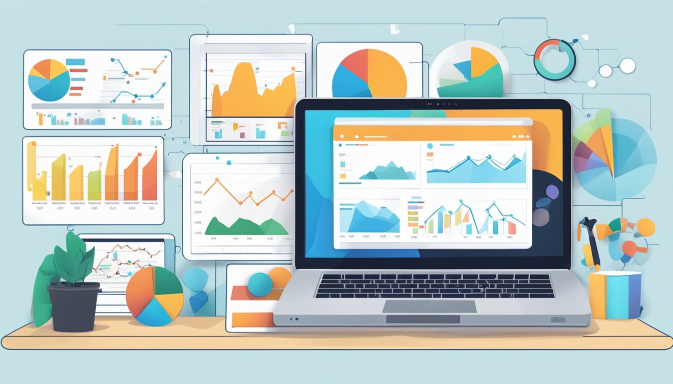 A laptop displaying SEOPress interface with graphs and charts, surrounded by SEO keywords and tools