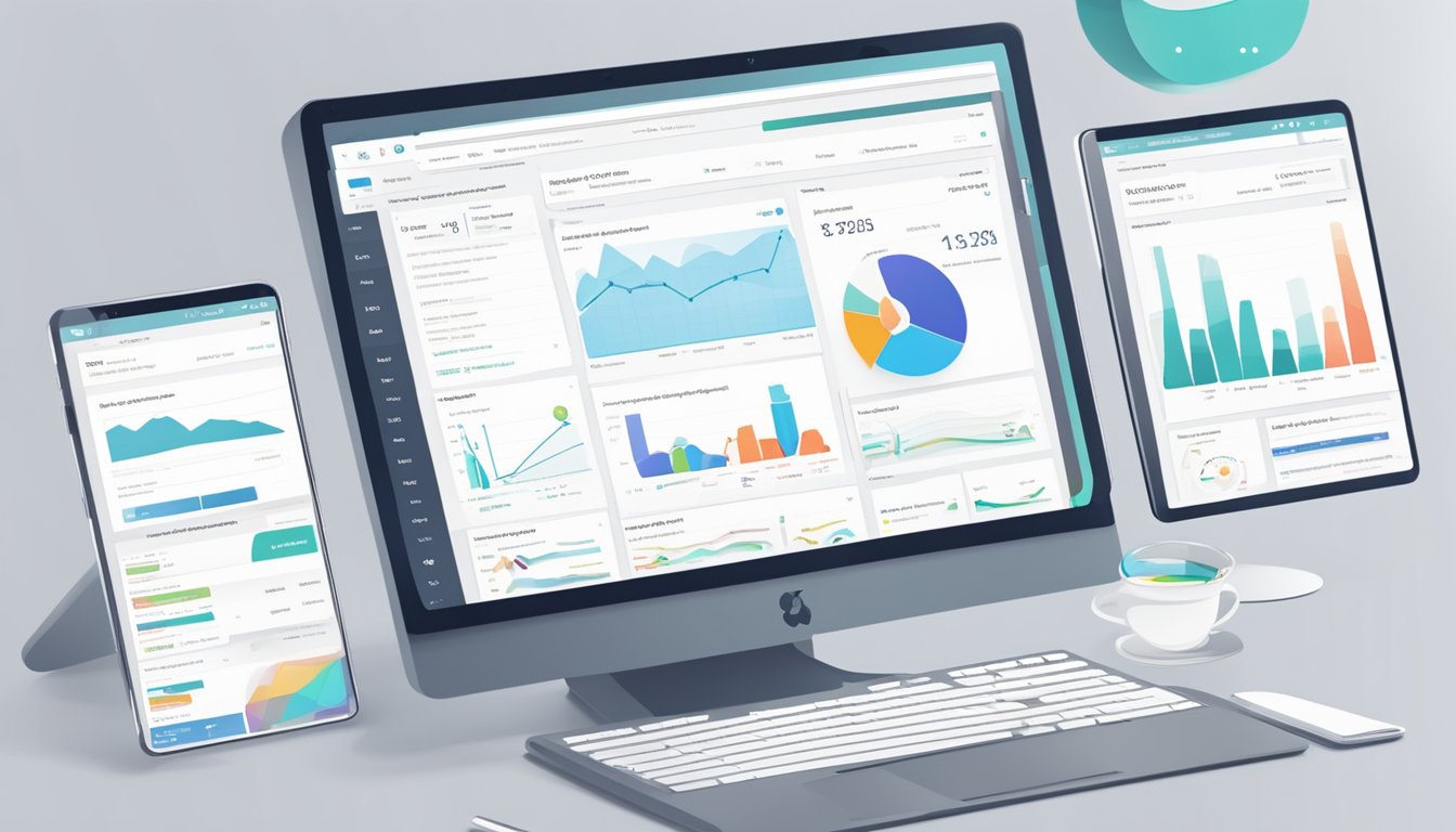 A computer screen displaying the SEO PowerSuite Website Auditor interface with various website analysis metrics and data visualizations