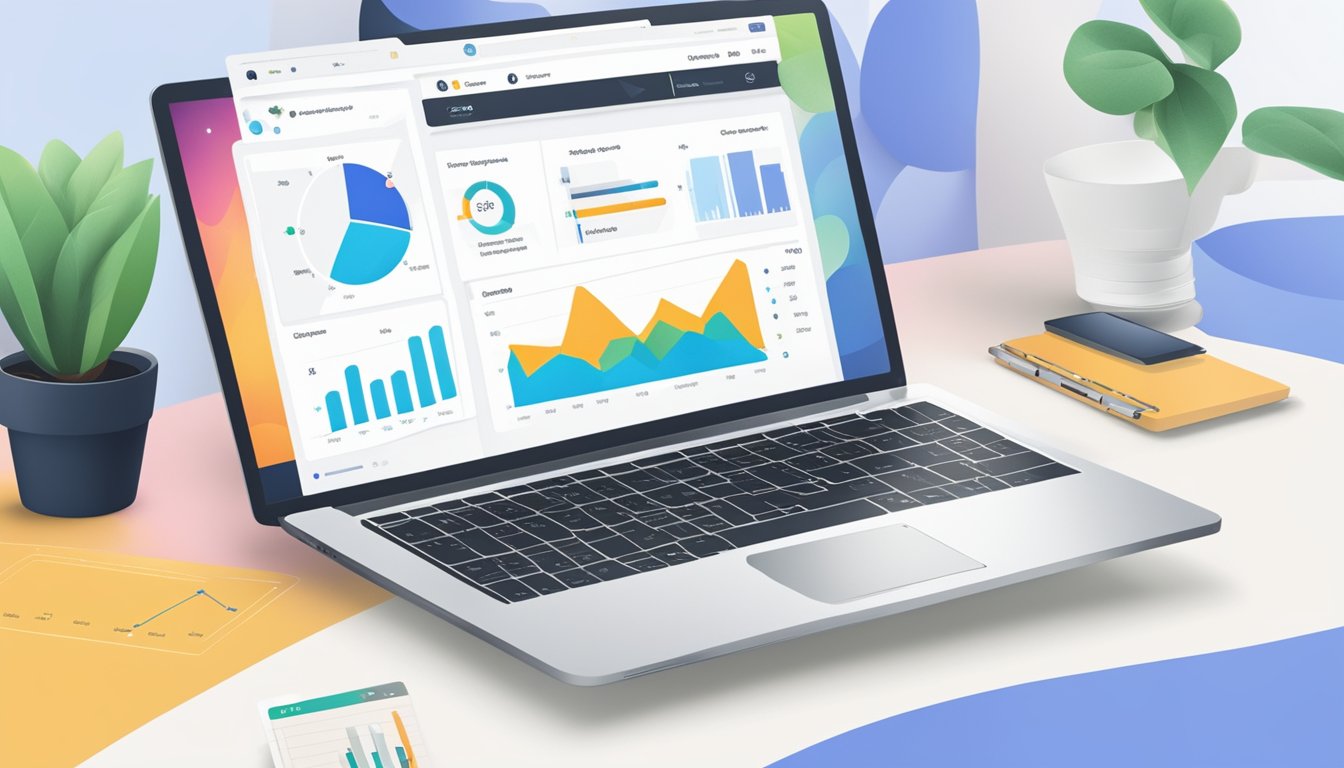 A laptop displaying SEOPress dashboard with positive reviews and star ratings.</p><p>Surrounding it are charts and graphs showing improved website performance