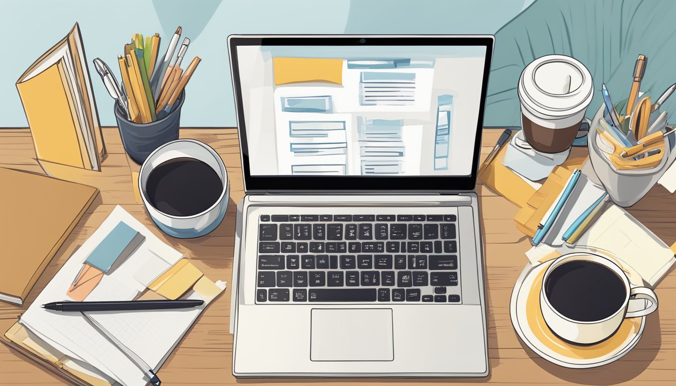 A laptop with Surfer SEO website open, surrounded by coffee mug, notepad, and pen on a desk