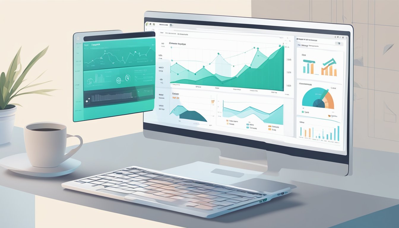 A laptop displaying the Surfer SEO interface, with graphs and data visualizations.</p><p>A person's hand hovers over the keyboard, ready to input commands