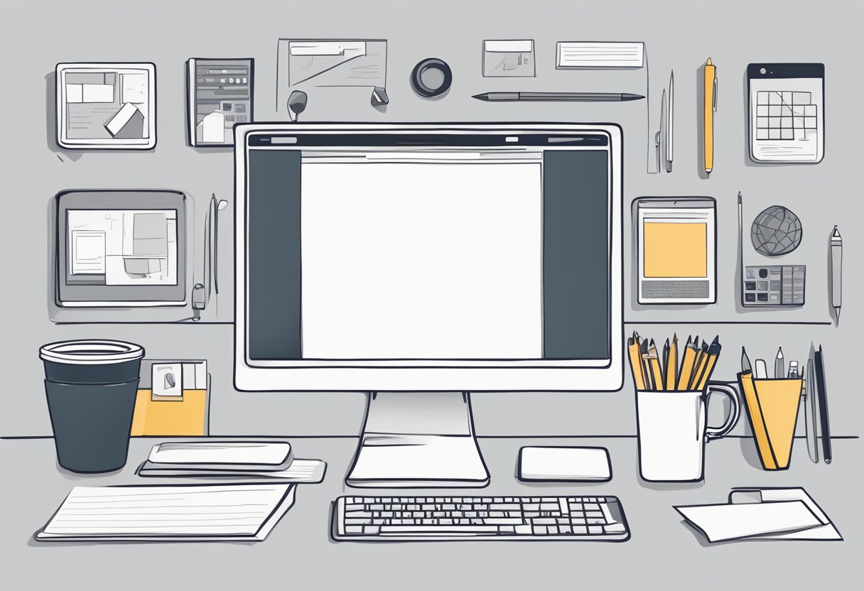 A computer with a blank screen surrounded by design tools and a notepad with website sketches