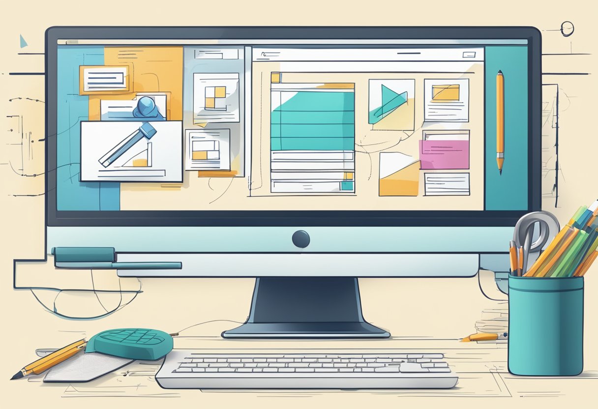 A computer screen displaying a website design process with various tools, sketches, and development stages