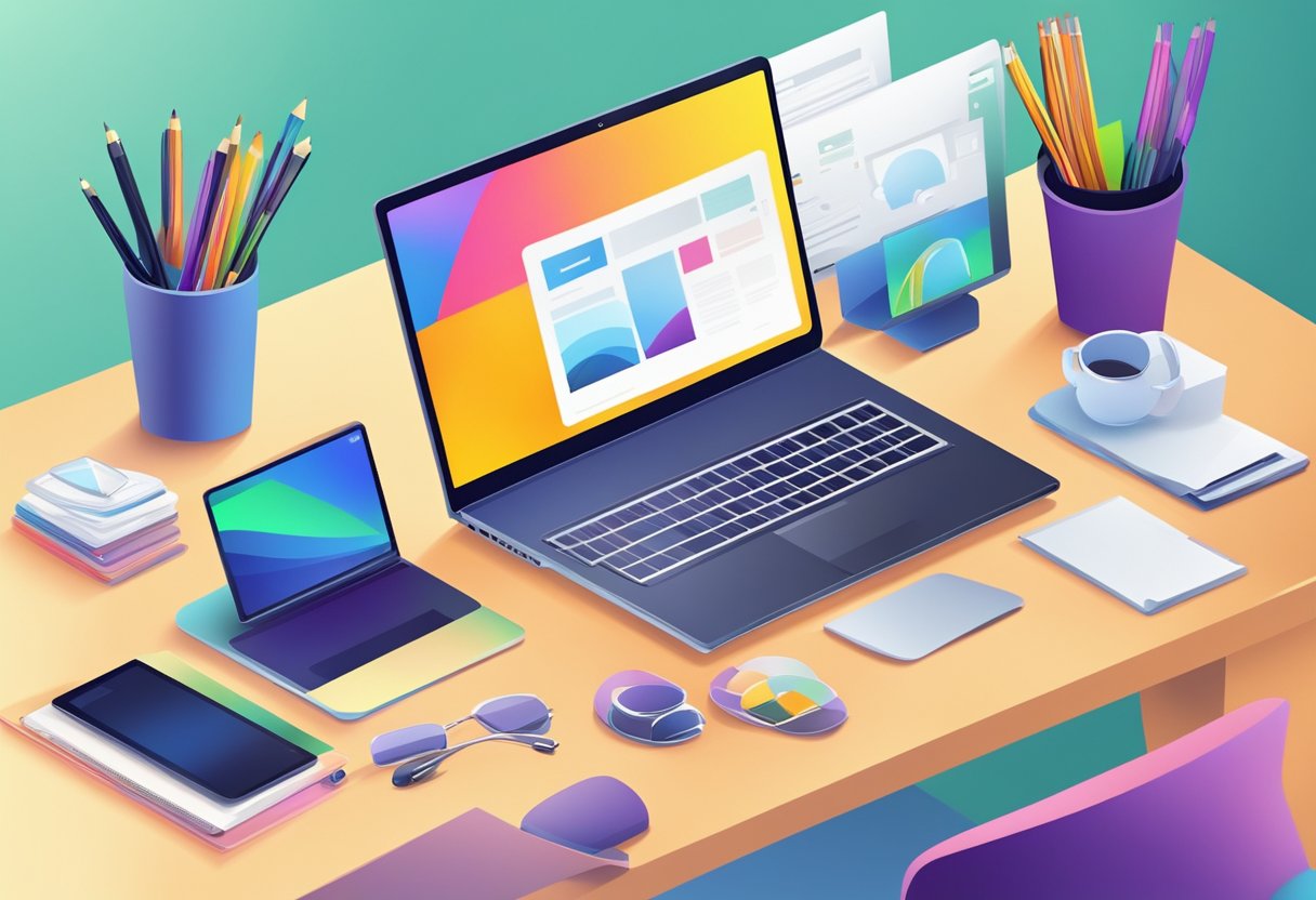 A computer screen displaying a sleek, modern website design with clean lines and vibrant colors. A freelancer's desk with a laptop and design tools