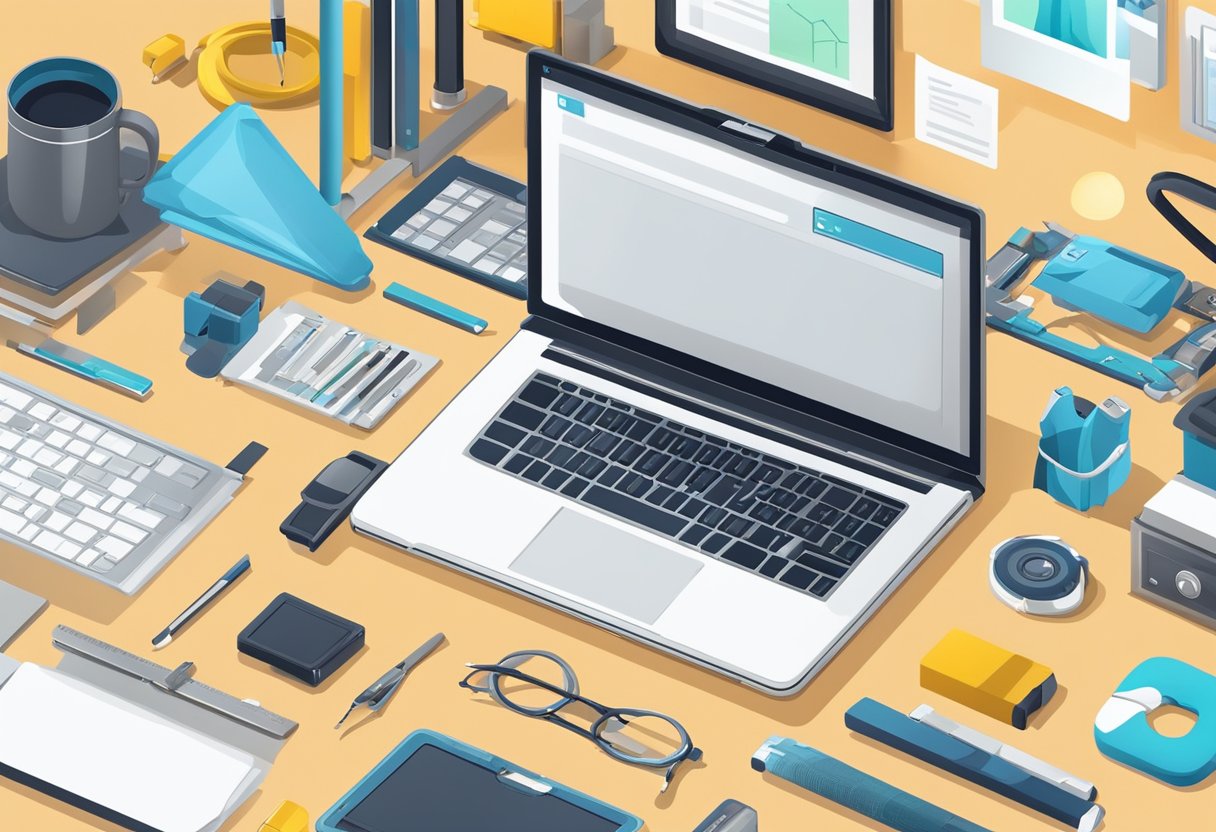 A laptop with a sleek, modern design sits on a desk, surrounded by various tools and resources for website optimization and SEO