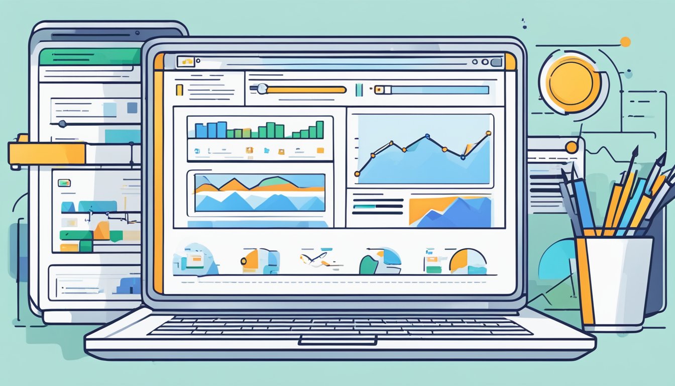 A laptop displaying Serpstat's On-Page SEO Checker with various optimization suggestions and analysis graphs on the screen