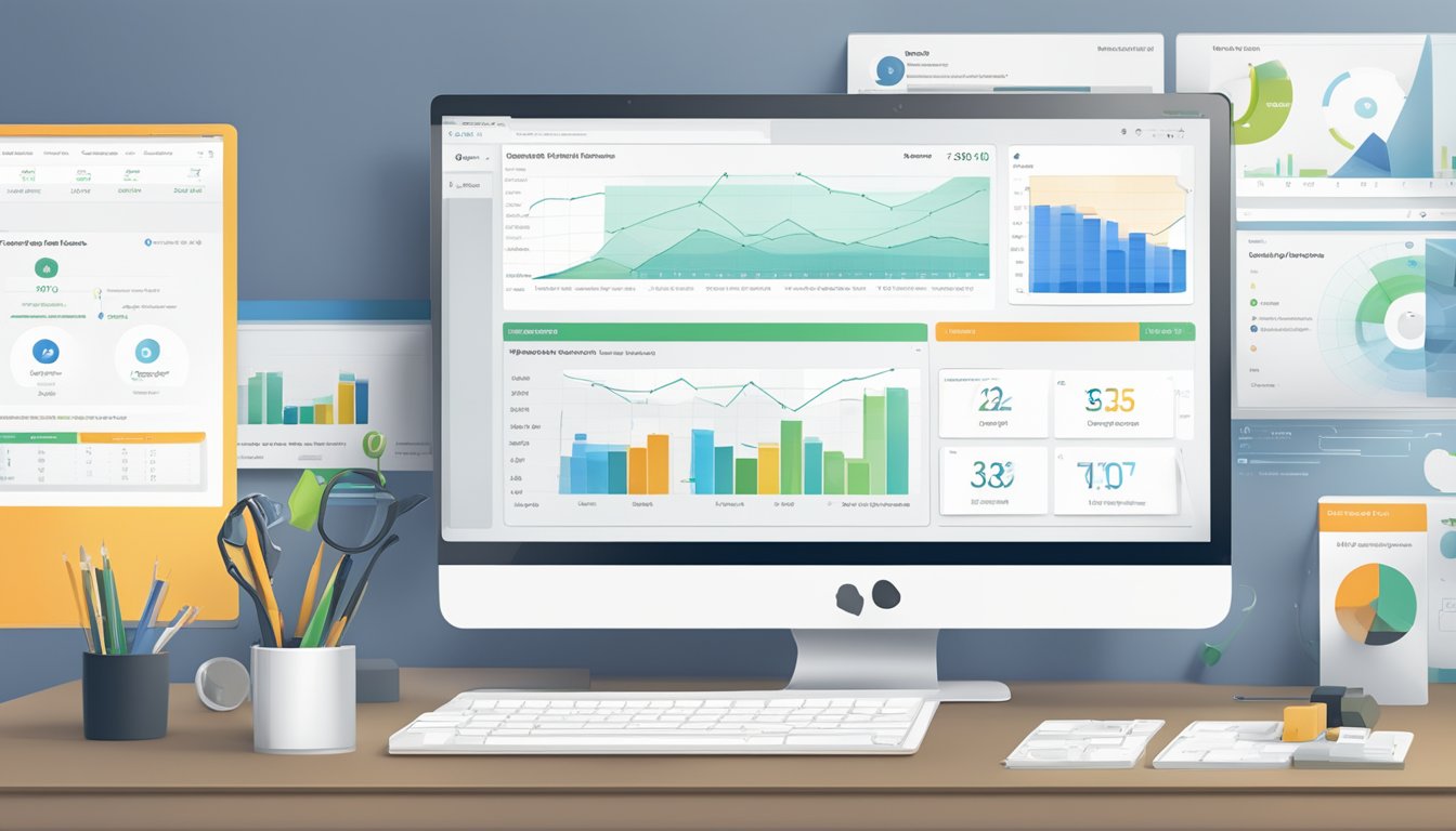 A computer screen displaying SEO PowerSuite's Website Auditor interface, with various website metrics and analysis tools visible