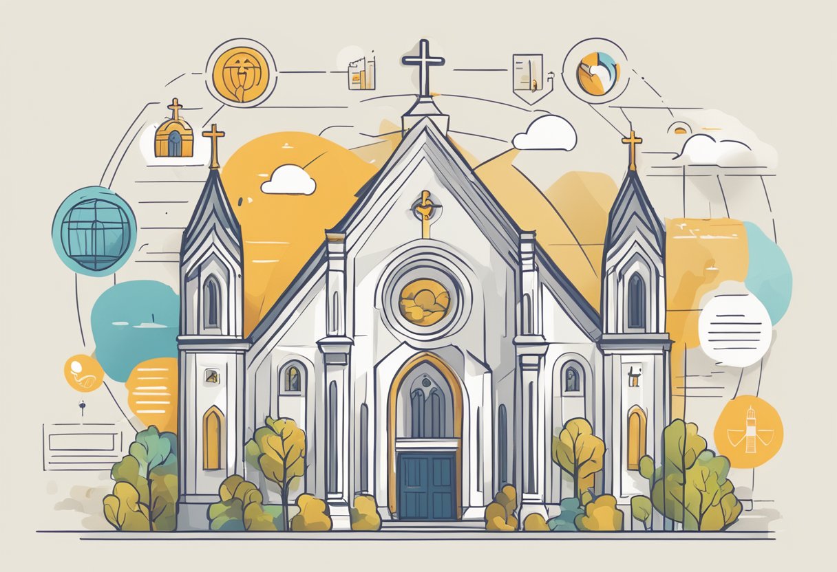 A website with church-related content strategy and communication elements, including icons, text, and imagery