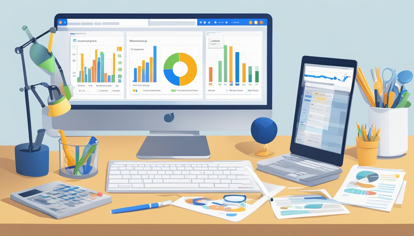 A computer screen displaying Serpstat's On-Page SEO Checker interface with charts and data, surrounded by other SEO tools for comparison