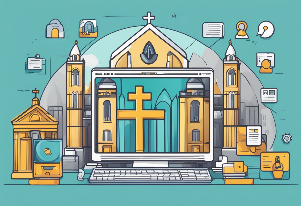 A computer with a church logo on the screen, surrounded by icons for FAQs, search bar, and contact information