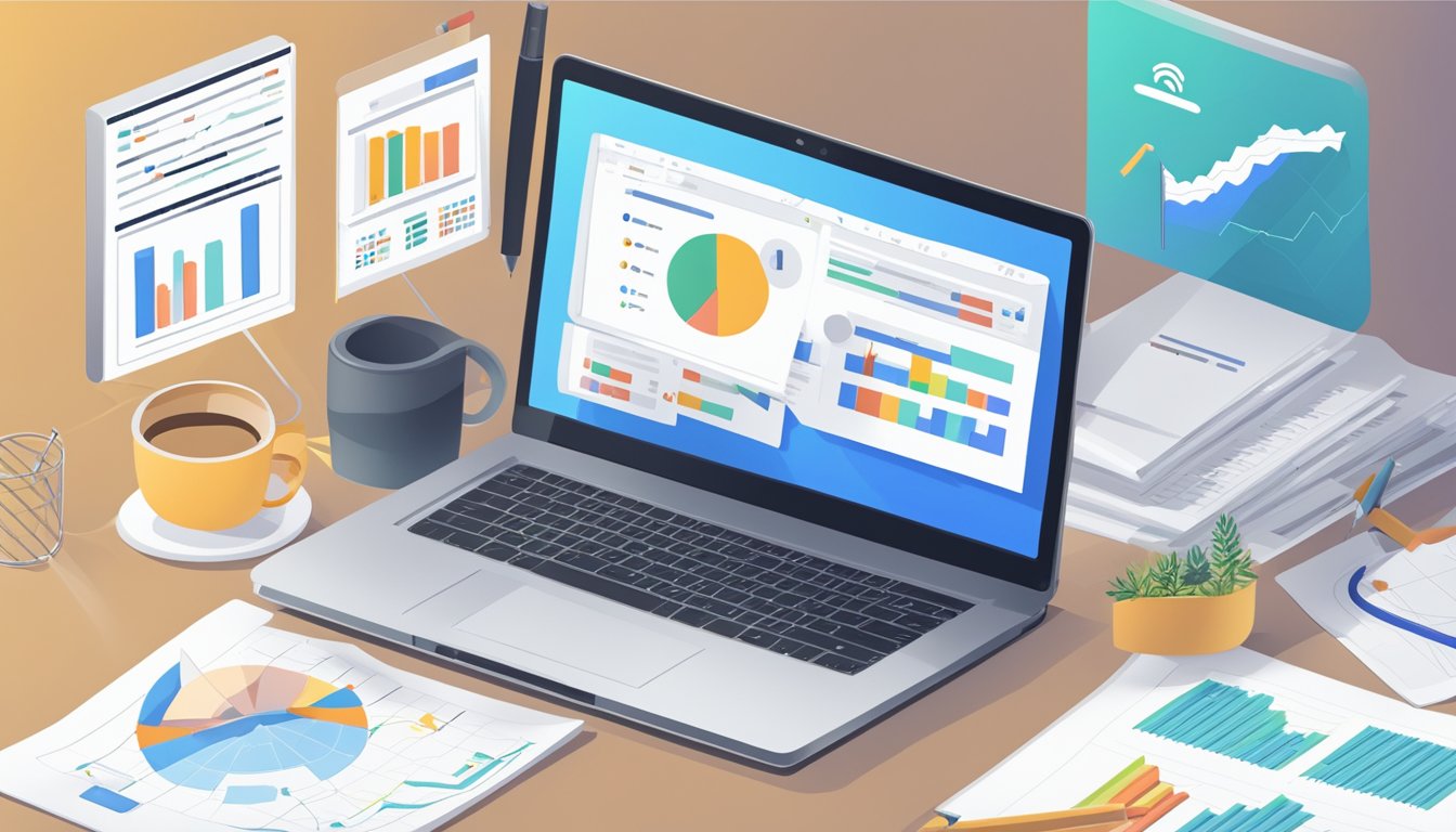 A laptop displaying Serpstat's On-Page SEO Checker with a list of pros and cons, surrounded by analytical charts and graphs