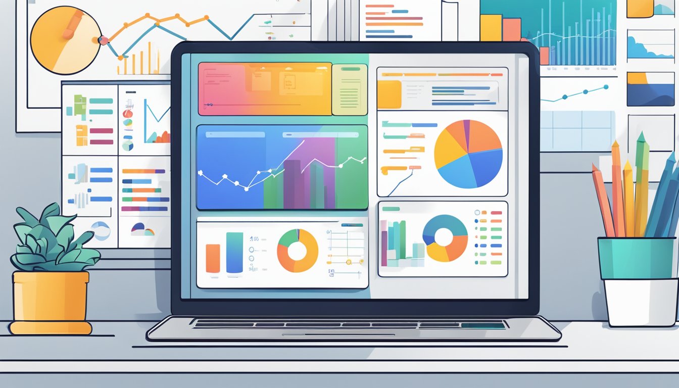 A laptop displaying the cognitiveSEO dashboard with colorful charts and graphs.</p><p>A mouse hovers over the interface, while a notepad with user feedback sits nearby