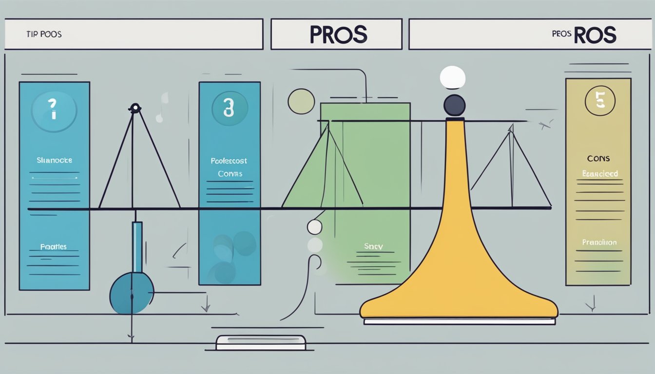 A scale with "Pros" on one side and "Cons" on the other, balanced with various factors listed on each side